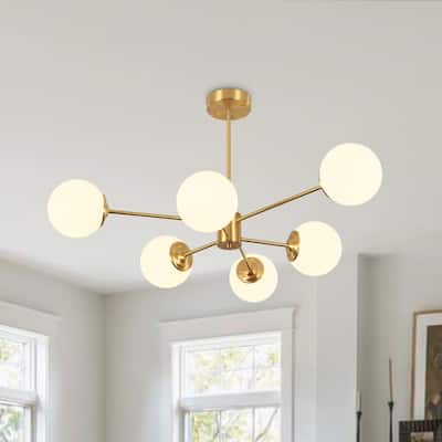 Mid-century 6-Light White Frosted Glass Tiered Sputnik Chandelier - 35.4in