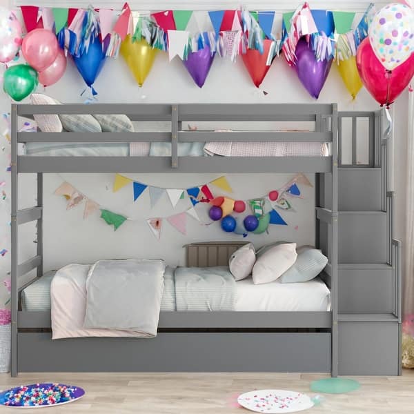 slide 2 of 14, Modern Twin over Twin Bunk Beds With Twin Trundle and Stairway Storage Function Grey