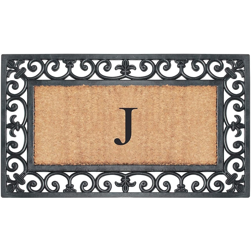 A1HC Rubber and Coir Paisley Border Monogrammed Outdoor Doormat Black, 18"X30"