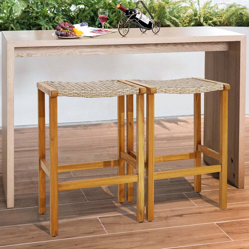 Costway 2PCS/4PCS Patio PE Wicker Bar Stools with Acacia Wood Frame