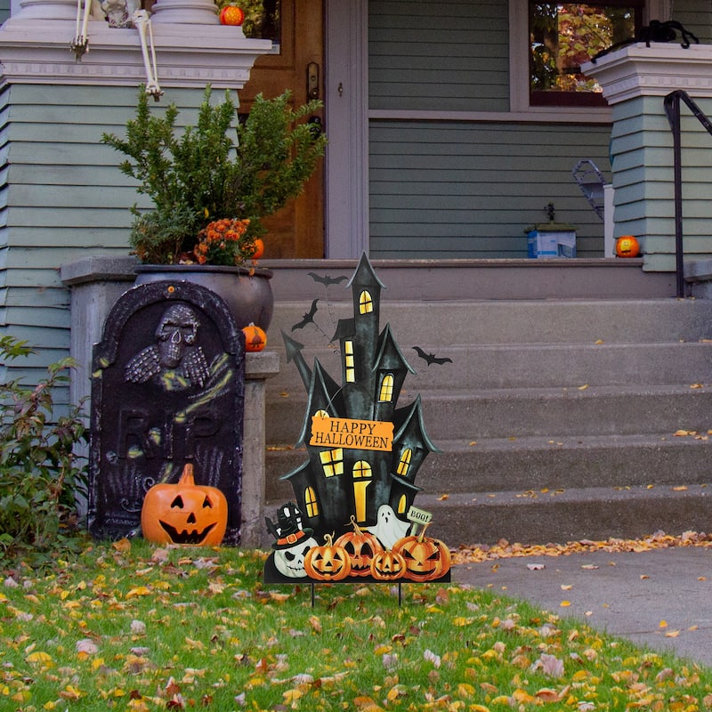 Glitzhome Halloween LED Ghost Cat Pumpkin Nutcracker Yard Stakes Standing Sign Hanging Decor
