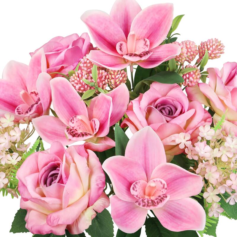 Set of 2 Fuchsia Pink Artificial Mixed Rose Cymbidium Orchid Snowball Flower Stem Bush Bouquet 19in - 19" L x 12" W x 12" DP