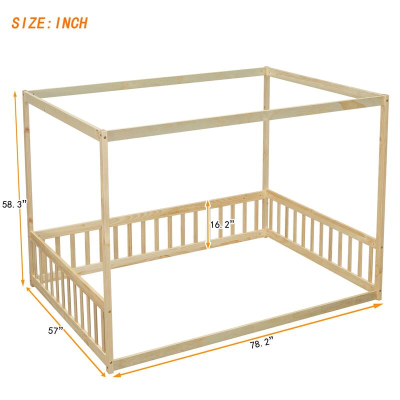 Pine Wood Canopy Frame Floor Bed with Fence and Guardrails for Bedroom