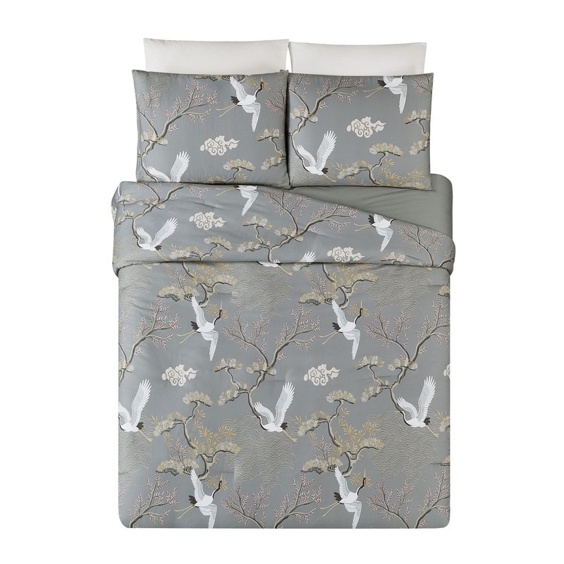 Cranes 3-Piece Cotton Sateen Reversible Comforter Set