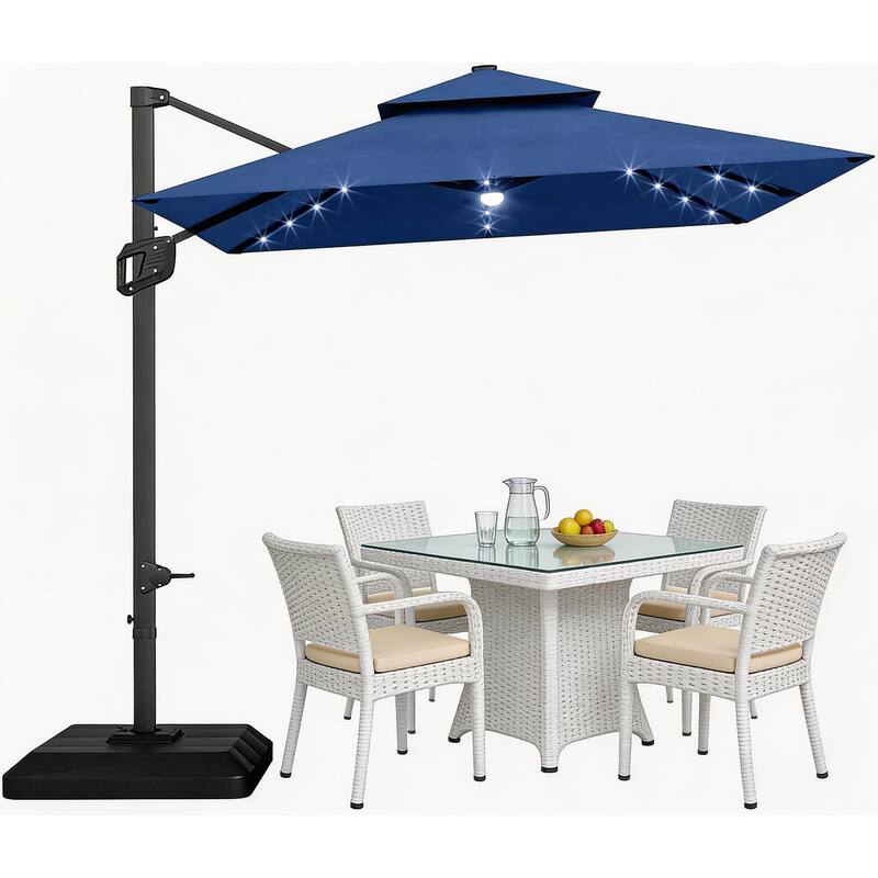 10x10Ft Square Solar LED Cantilever Umbrella , with Weighted Base - Blue