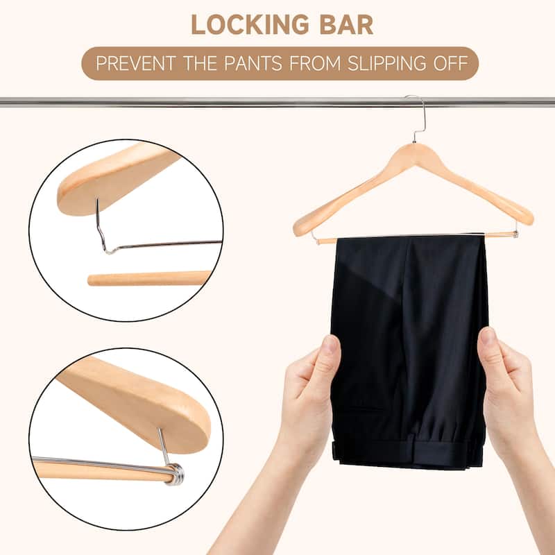 BP4U Premium Wide Shoulder Wooden Suit Hangers, Heavy-Duty Non-Slip Solid Wood Coat Hangers with Locking Bar