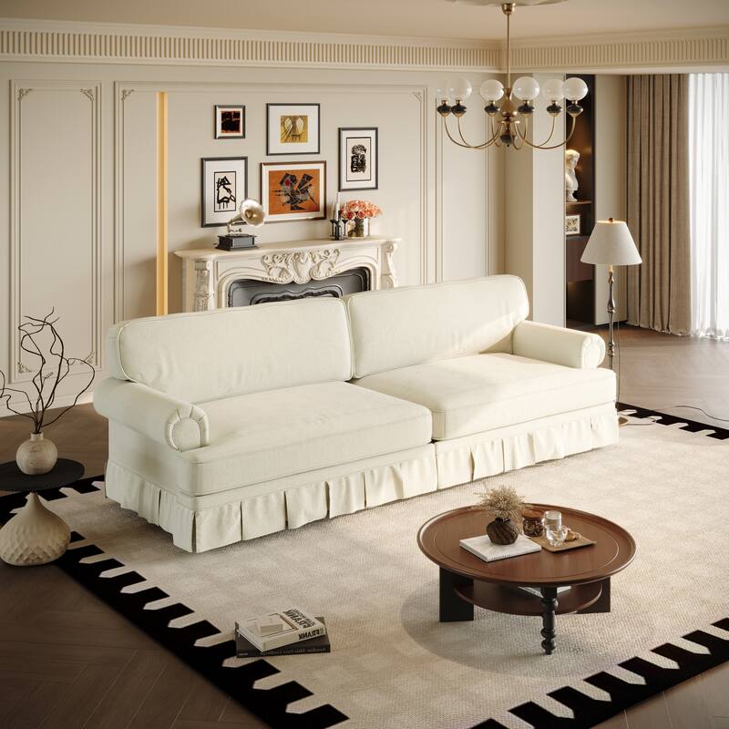Luxuriously Sofa for Living Room, Chenille Sectional Couch with Pleated Skirt Design, Traditional Rolled Arms Deep Seat Couches - Beige White - 4-Seater