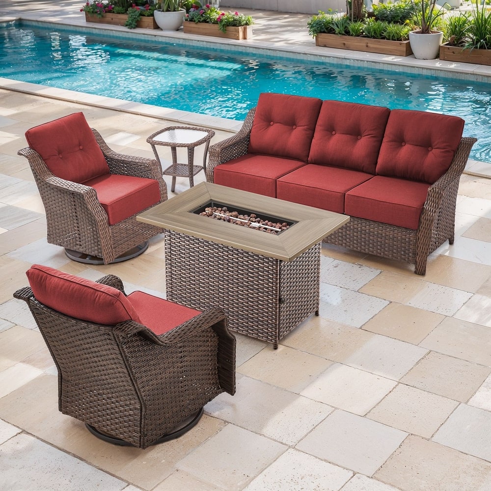 Meyreso Brown Wicker Patio Fire Pit Conversation Set with 3-Seat Sofa & Swivel Gliders
