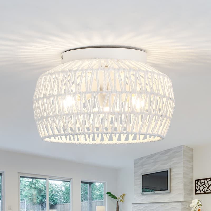 3-Light Rattan Semi Flush Mount Chandelier for Hallway Entryway Dining Room