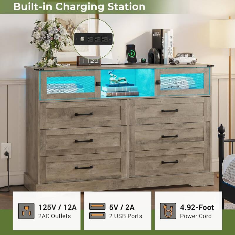 6 Drawers Dresser LED Charging Station Farmhouse Chest of Drawers