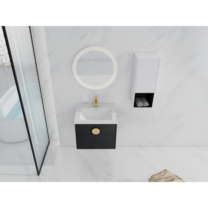 24" Wall-Mounted Bathroom Vanity With Ceramic Sink and Side Cabinet, Soft Close Doors, Combination Cabinet