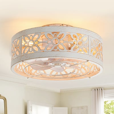 16.5 Inch 7-Blade Vintage Distressed White Enclosed Ceiling Fan with Remote Light