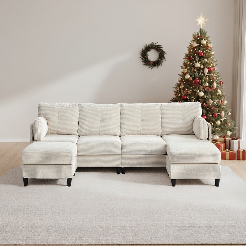 Mixoy W89inch U-Shaped Corduroy Sectional Sofa with Reversible Ottoman,Upholstered 4-Seater Sofa - 4+2 - Beige