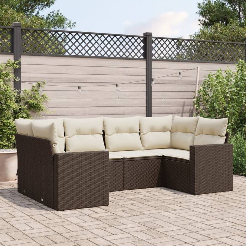 vidaXL Patio Sofa Set with Cushions Outdoor Furniture 6 Piece Poly Rattan - 24.4 x 25.8 x 27.2 - Brown and cream
