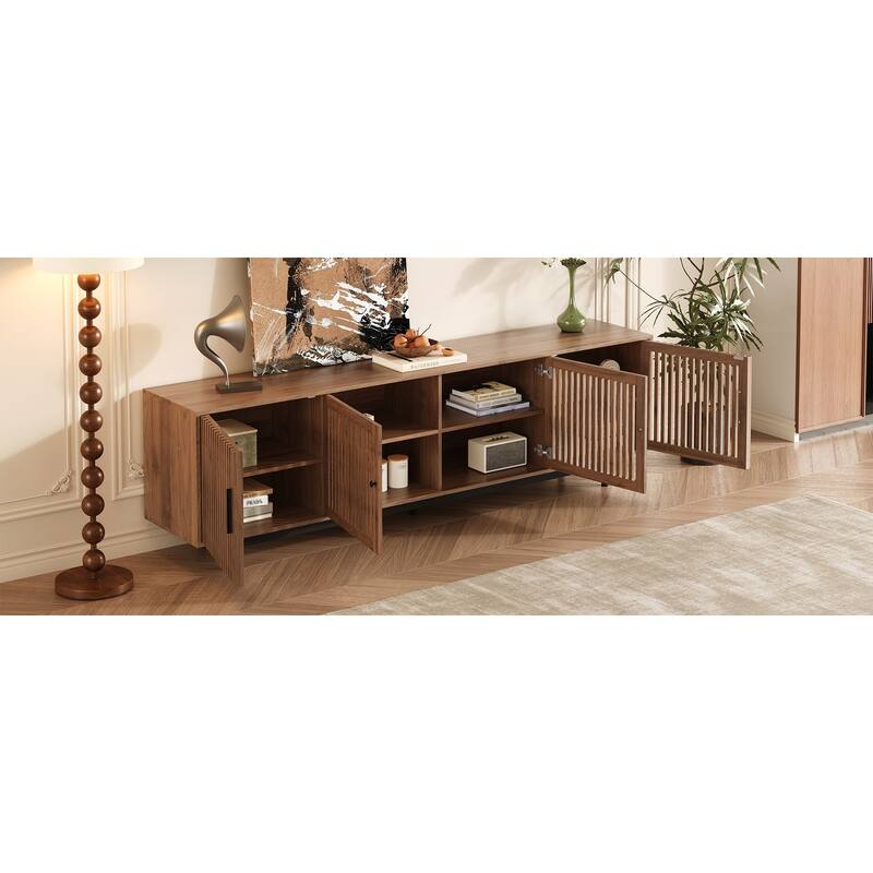 TV Storage Stand for TVs up to 85", Boho Entertainment Center with Louvered Door, Media Storage Console with 4 Cabinets