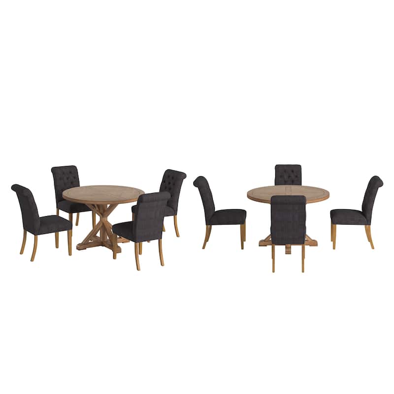 Krakova X-Base Round Table With Premium Tufted Rolled Back Parsons Chairs Set - Dark Grey Linen Chairs