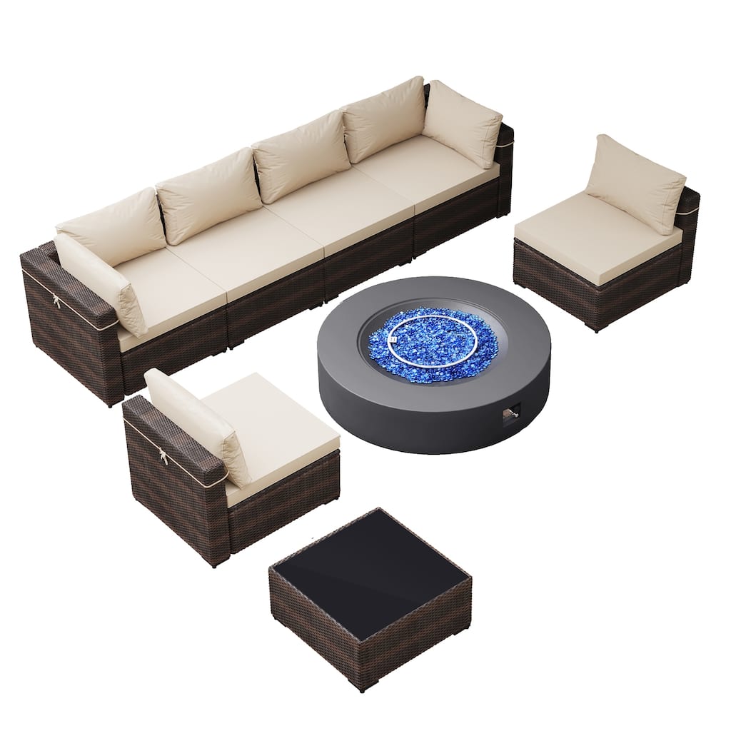 UPHA 8 Pieces Patio Furniture Set with 50,000 BTU Propane Fire Pit Table, Beige / Navy Blue Cushions