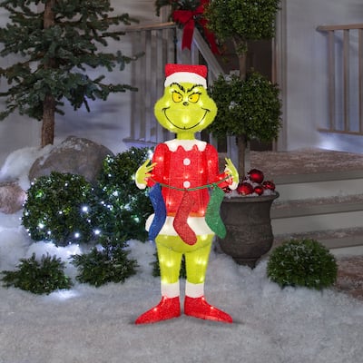 3D Holiday Lighted Tinsel Sculpture-The Grinch w/Stockings-4ft-Dr. Seuss