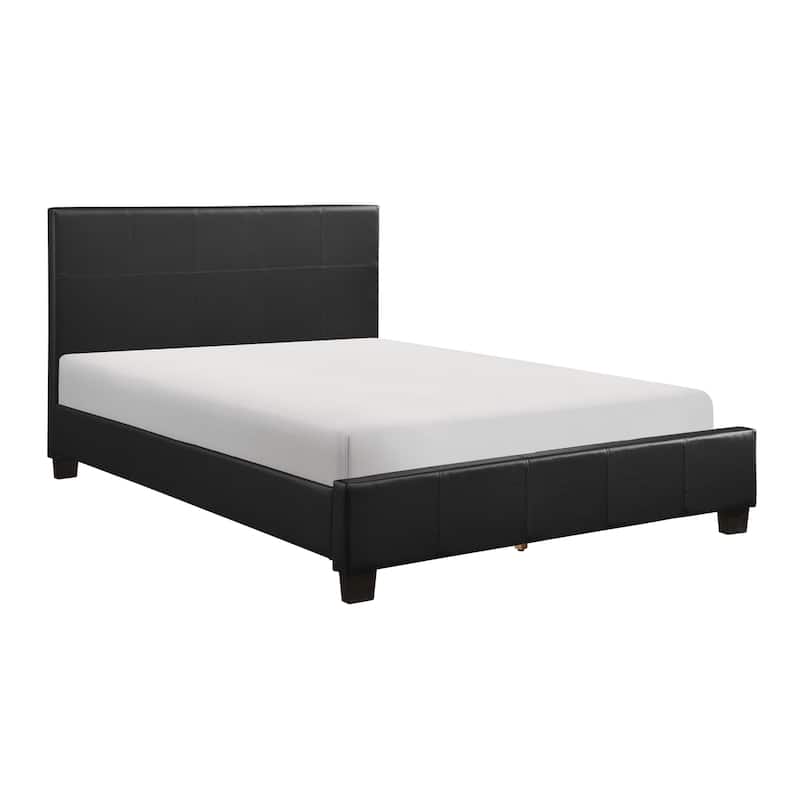 Renz Queen Size Platform Bed, Black Faux Leather Upholstery, Wood Frame