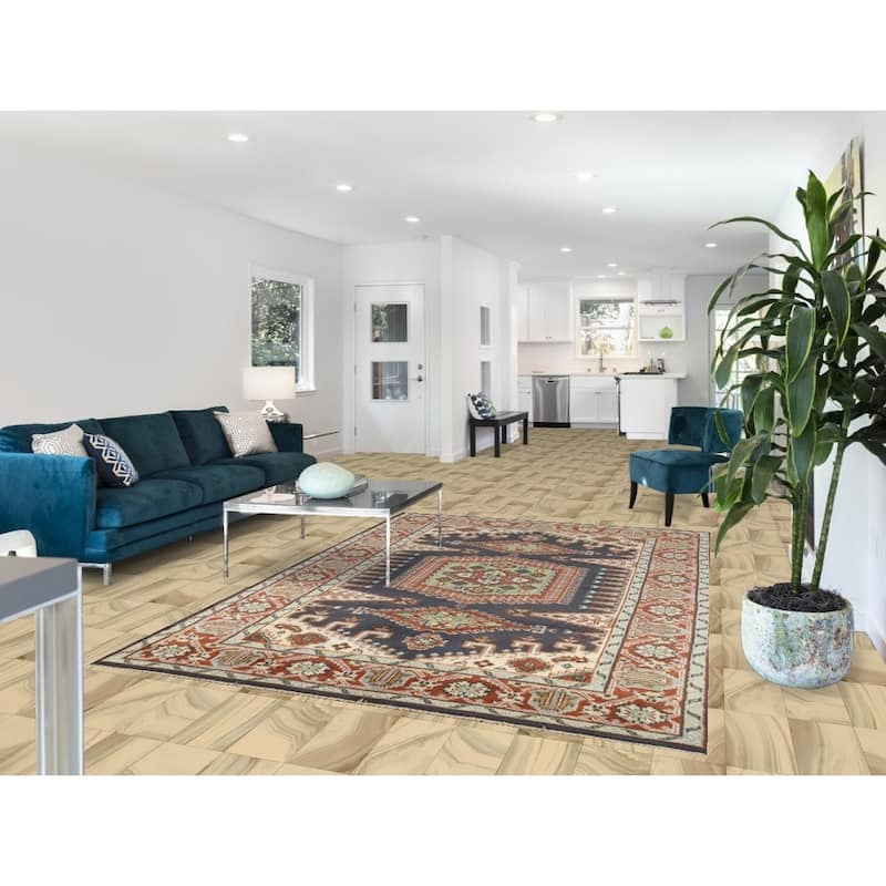 Blue Geometric Viss Indian Area Rug Hand-Knotted Wool Carpet - 6'0" x 8'9"