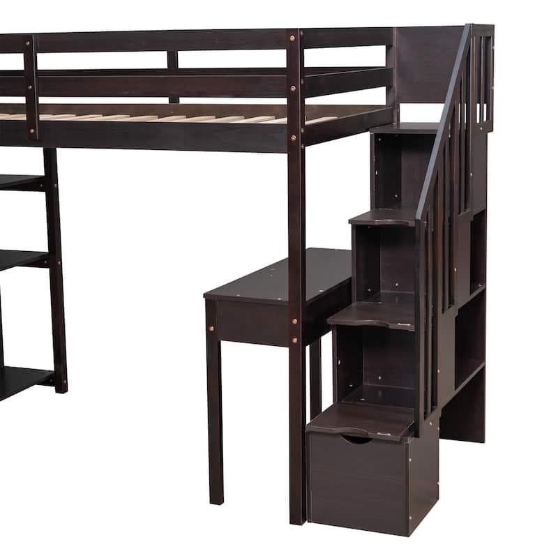 Twin size Loft Bed with Storage Drawers ,Desk and Stairs, Wooden Loft
