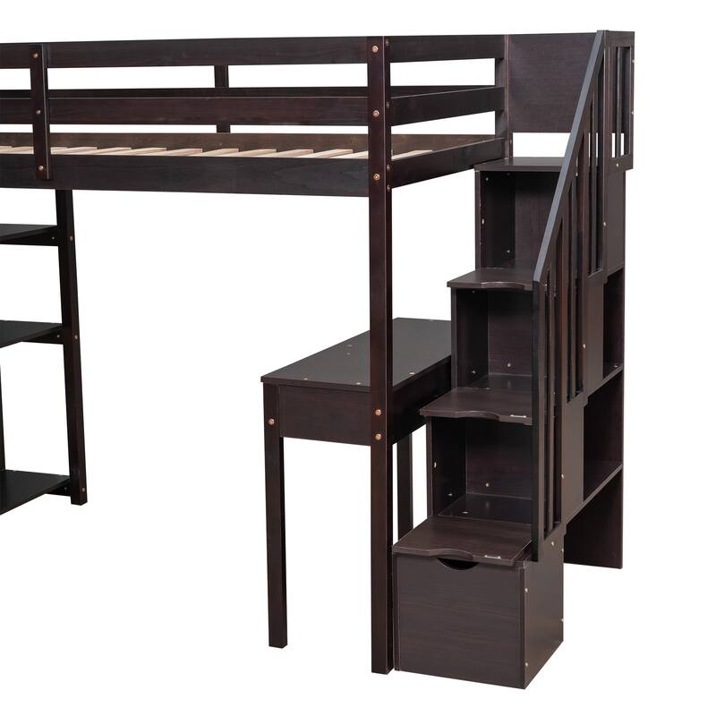 Wooden Twin Size Loft Bed with Desk,Storage Stairs,Drawers and Shelves