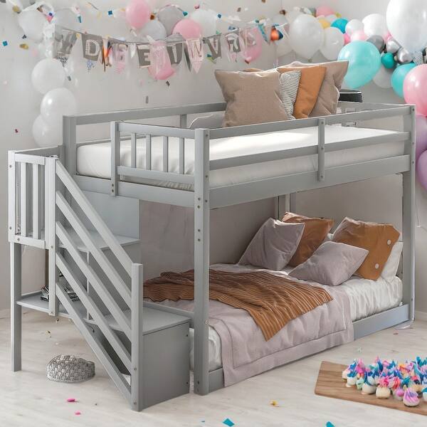 slide 2 of 11, Modern Twin Over Twin Floor Bunk Bed,Ladder With Storage for Bedroom Grey