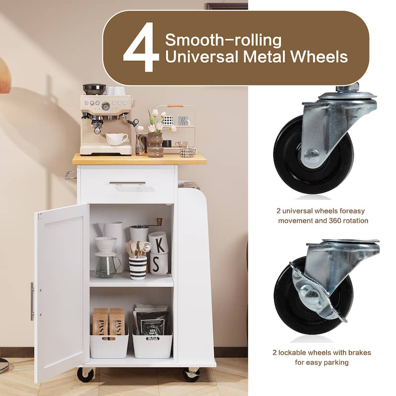 Rolling Kitchen Island with Storage Cabinet & Spice Rack & Drawer – Rubber Wood Top