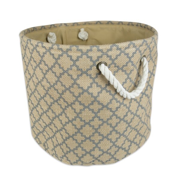 16" Brown and Gray Lattice Burlap Round Large Bin with Rope Handles - N/A