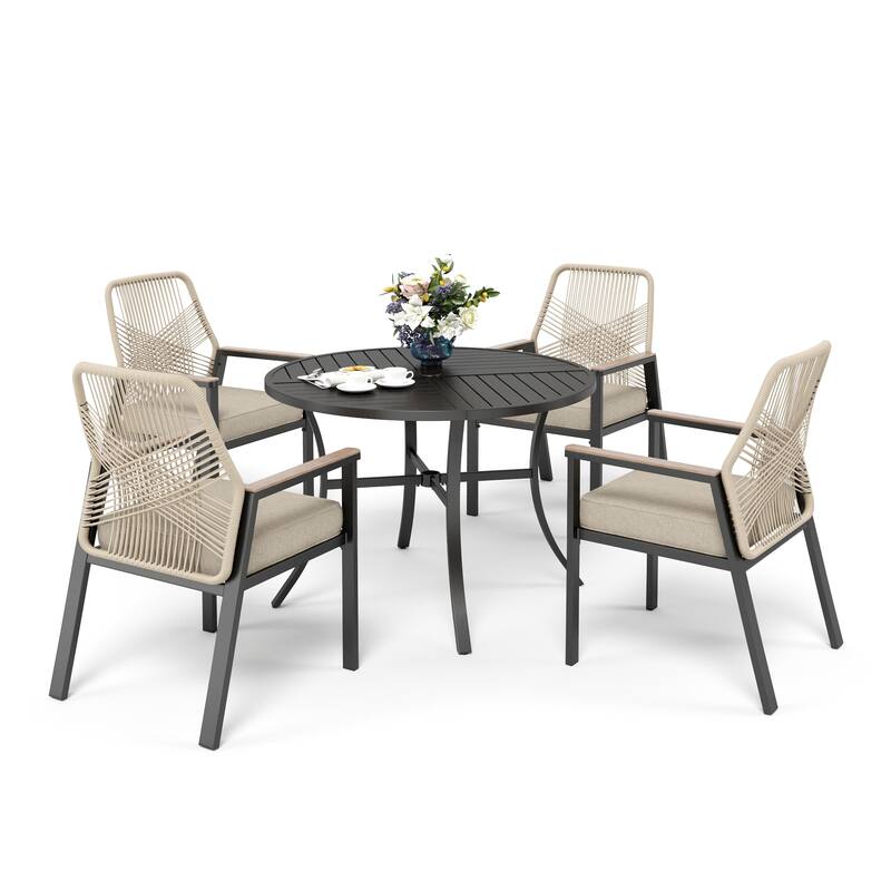 MAISON ARTS 5/7 Pieces Patio Dining Set, Round Table and Woven Rattan Dining Chairs with Cushions, for Patio, Backyard, Poolside - 5 piece