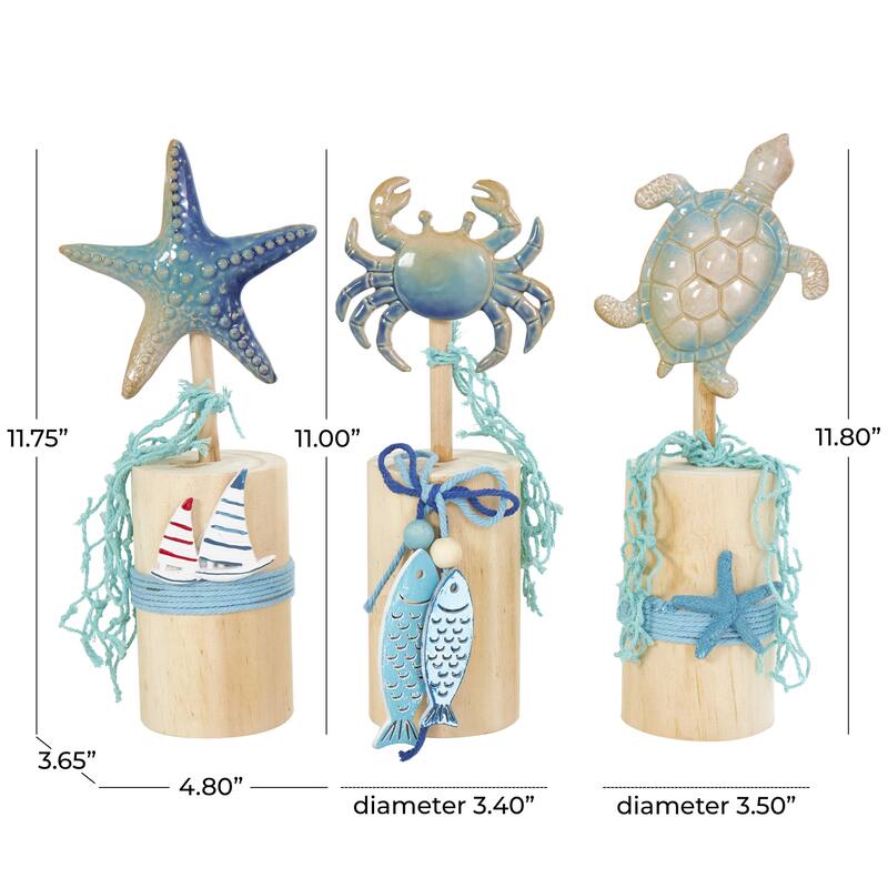 Ceramic Sea Life Handmade Ombre Decorative Sculpture with Cylinder Block Bases - Set of 3 Blue - Roche River Decor