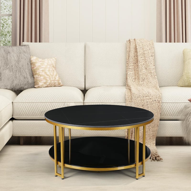 Marsie Modern Round Marble Coffee Table Two-tier Black Gold Tempered Glass Storage Table Top - 36''D x 17.5" H