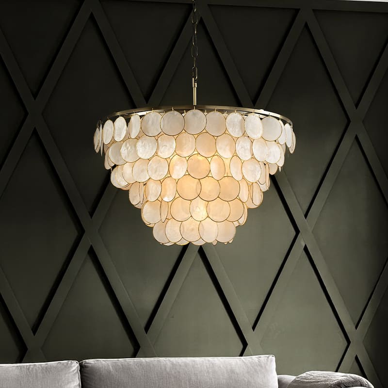 6-Light 24'' Wide Modern Coastal Aged Bronze Natural Capiz Shell Tiered Chandelier Vintage Glam Pendant For Living Room - W24''