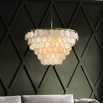 6-Light 24'' Wide Modern Coastal Aged Bronze Natural Capiz Shell Tiered Chandelier Vintage Glam Pendant For Living Room - W24''