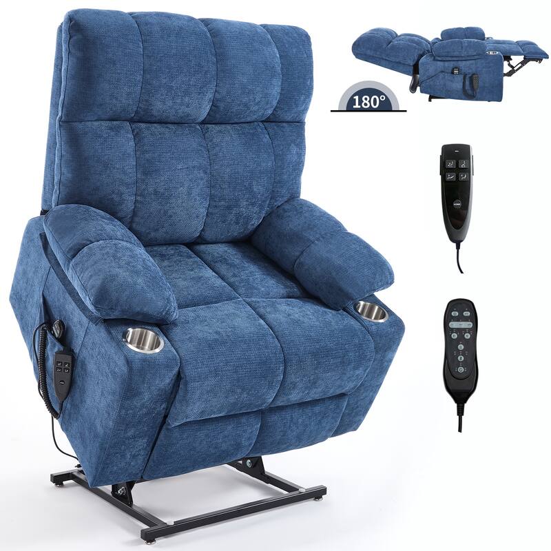 Dual Motor Chenille Power Lift Recliner Chair, Heavy Duty Motion Mechanism with Massage and Lumbar Heating, Dual Cup Holders