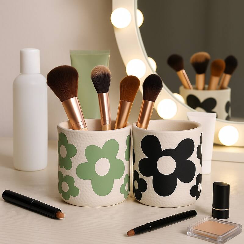 Decorative Flower Pencil Cups Storage - Set of 2, 4", Green & Black - 4.0"