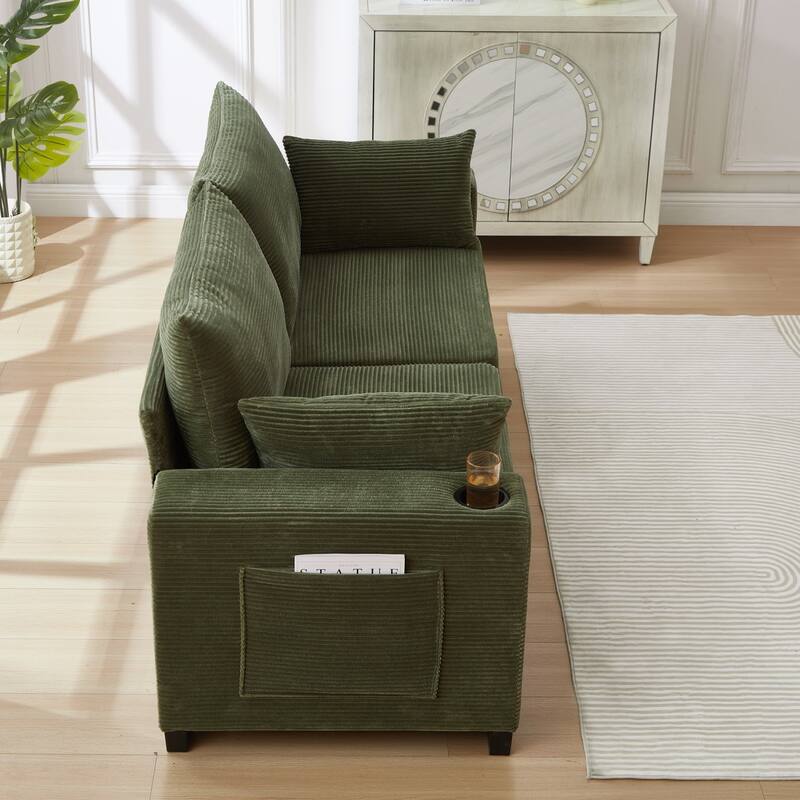 78" Corduroy 3-Seater Sofa with USB Ports, Cup Holders and Side Pockets