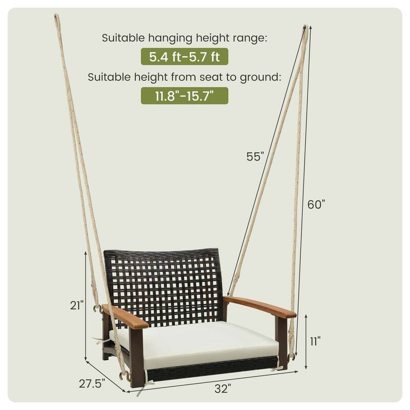 Outdoor Single Swing Chair Bench Rattan Porch Swing w/ Cushion