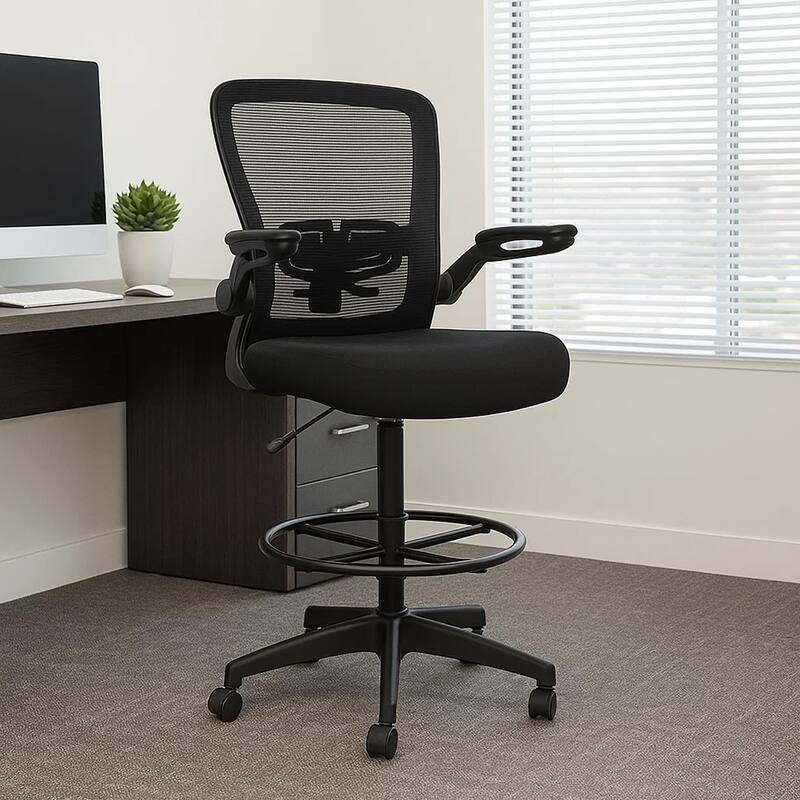 Dea Drafting Stool Chair, Flip-Up Arms, Black Mesh, Chrome Footring