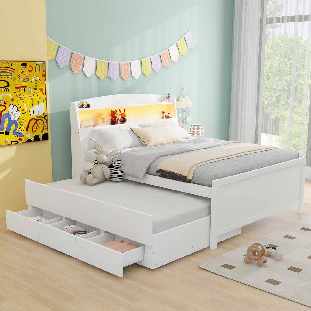 Full Size Platform Bed with LED Headboard, Twin Trundle & 3 Drawers