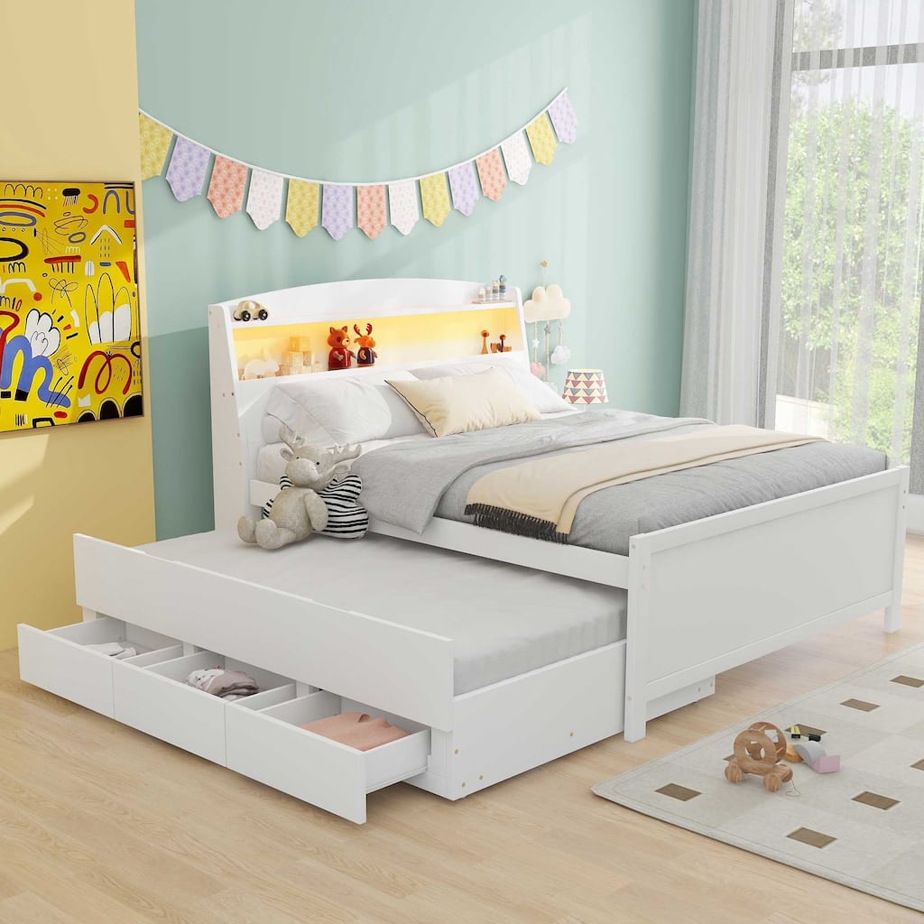 White Full Size Storage Platform Bed with LED Headboard, Twin Trundle and 3 Drawers