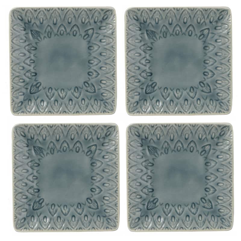 Euro Ceramica Peacock 4 Piece 6.5" Square Appetizer / Canape Plate Set in Grey - 6.5 in. x 6.5 in. x 0.8 in.