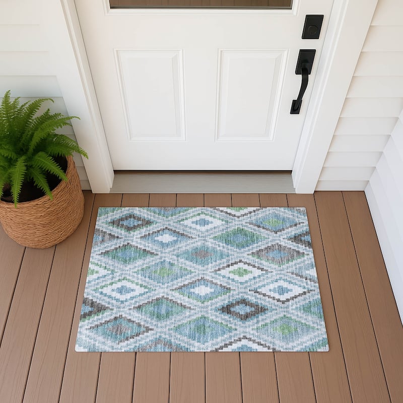 Machine Washable Indoor/ Outdoor Global Geo Chantille Rug - Teal - 1'8" x 2'6"