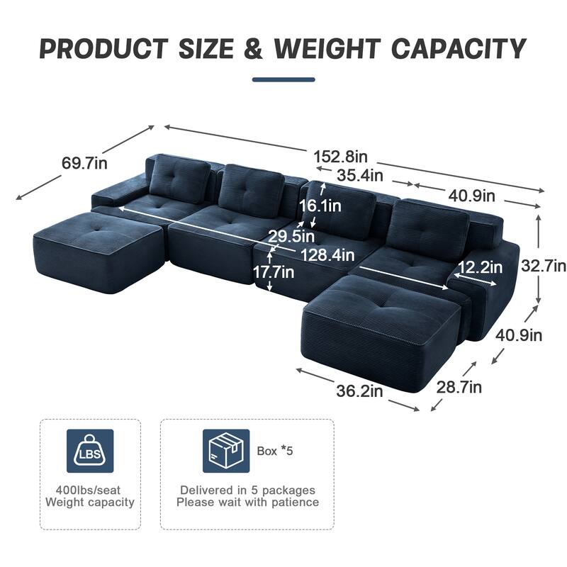 153" Modular Corduroy Sectional Sofa, U-Shaped Couch with Ottoman