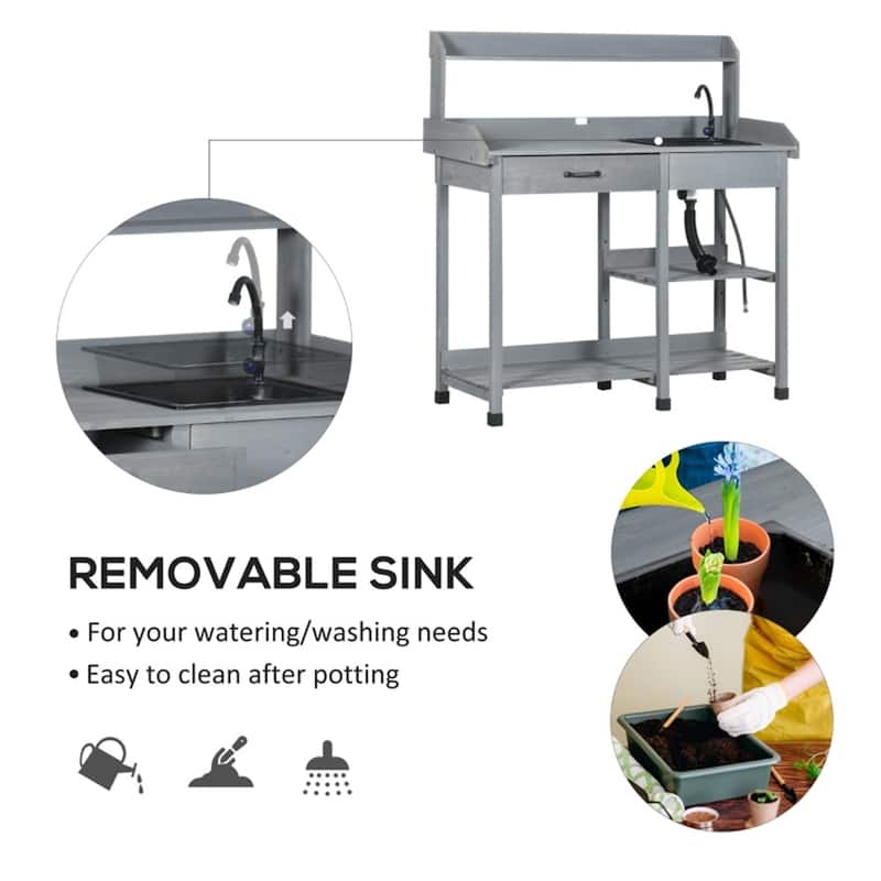 Garden Work Bench with Sink, Faucet, Storage Shelves & Hooks - 45.25" W x 17.75" D x 48.5" H