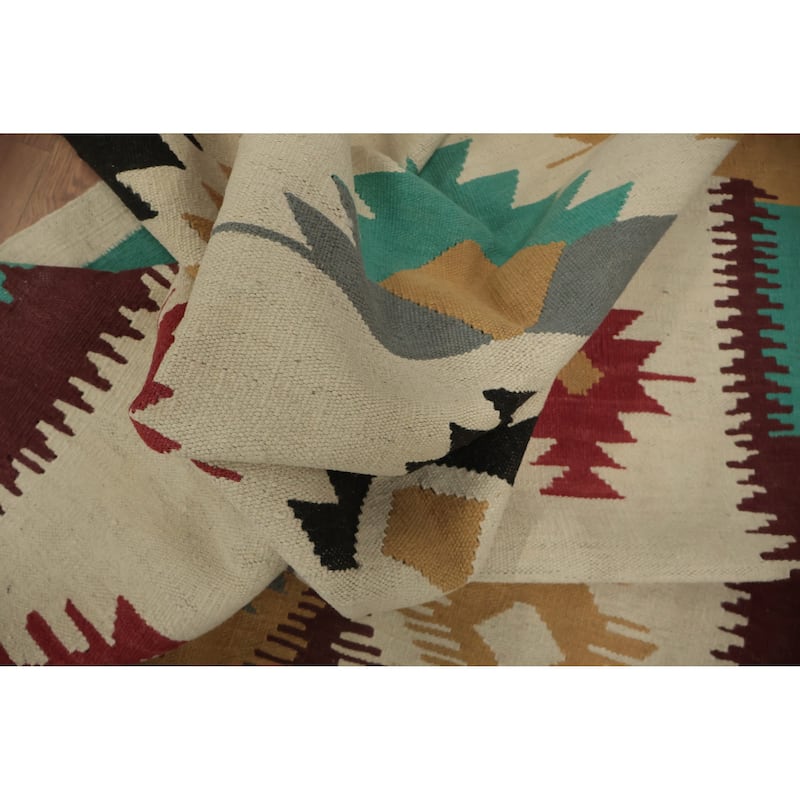 Hand Woven Oriental 100% Wool Carpet Southwestern Tribal Beige & Ivories Kilim Area Rug - 11' 9'' X 4' 10''