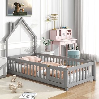 Grey Twin Size Pine House-Shaped Headboard Floor Bed with Fence