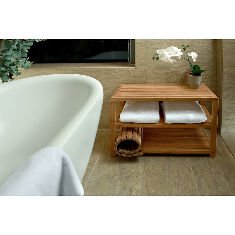 Nordic Style Natural Teak Shower and Bath Bench with Shelves 28" - 28" x 14" x19" - 28" x 14" x19"
