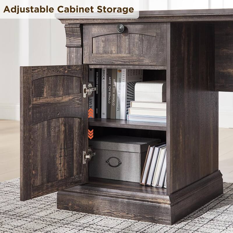 Farmhouse Computer Desk, Wood Home Office Desk with Charging Station