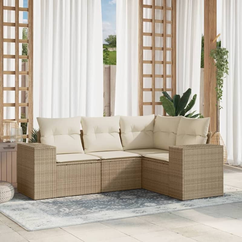 vidaXL Patio Sofa Set with Cushions Outdoor Conversation Furniture Poly Rattan - Beige and cream without table - 24.4 x 24.4 x 27.2